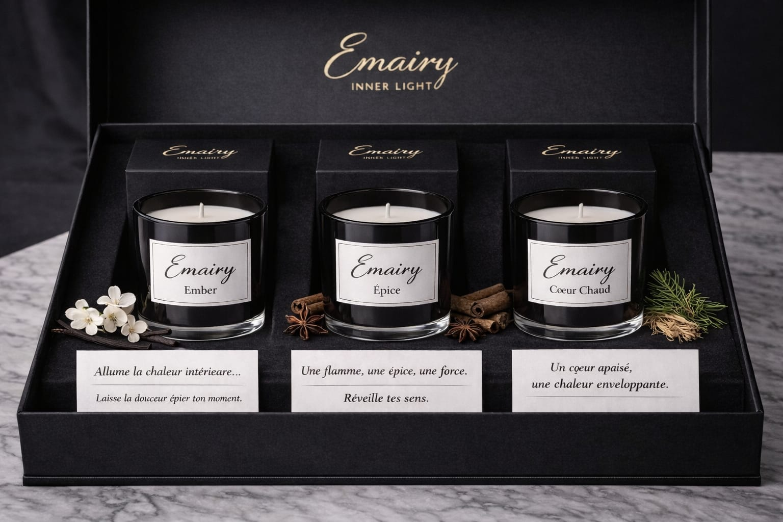 Coffret de trois bougies Émairy Ember Épice et Coeur Chaud